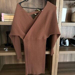 Ribbed Wrap-Style Knit Dress in Rust